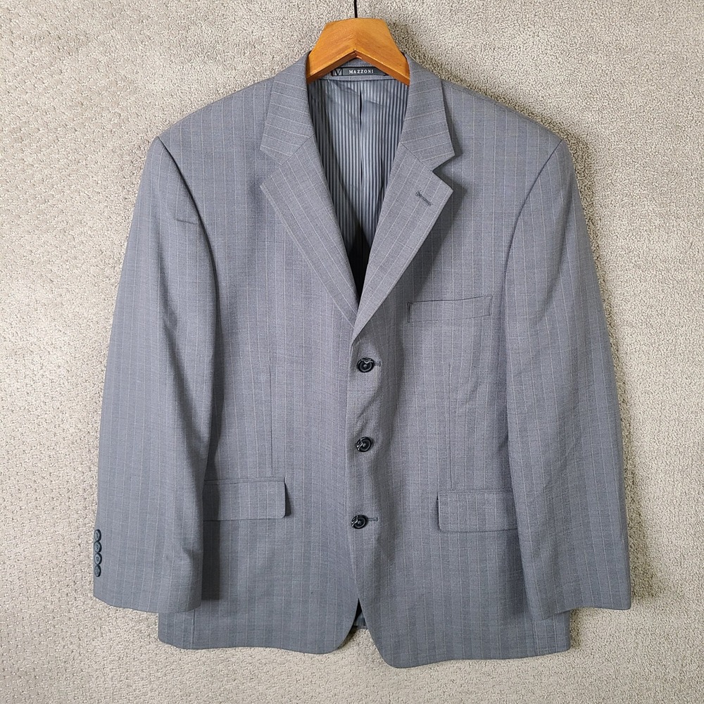 MAZZONI Jacket Mens 42S Gray Striped Blazer‎ Polyester Blend 3 Button Suit Coat
